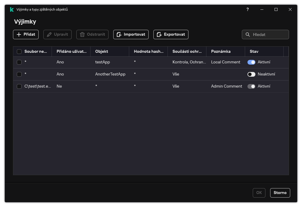 Okno se seznamem výjimek. Zobrazí se vlastnosti výjimky. Uživatel může přidávat, upravovat nebo odstraňovat výjimky.
