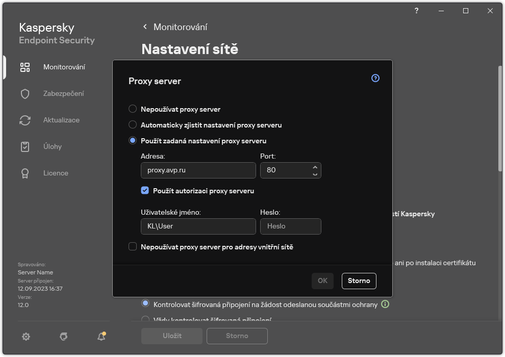 Okno pro konfiguraci připojení k proxy serveru. Uživatel může nastavit adresu proxy serveru a přihlašovací údaje pro připojení k proxy serveru.