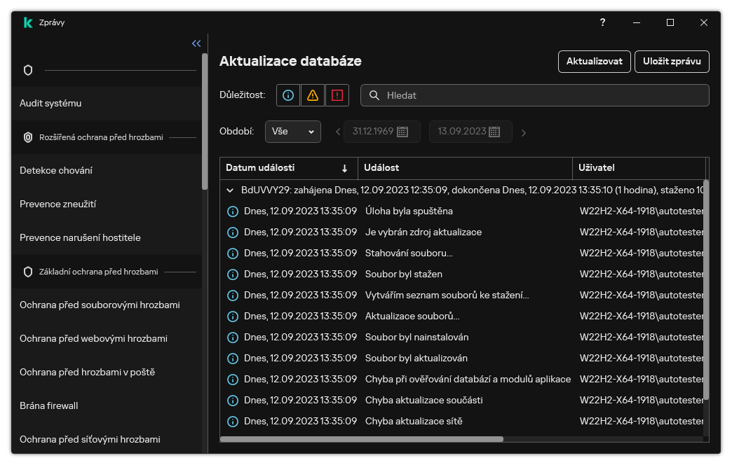 Okno se seznamem událostí ve zprávě. Uživatel může filtrovat/třídit události a ukládat zprávy do souboru.