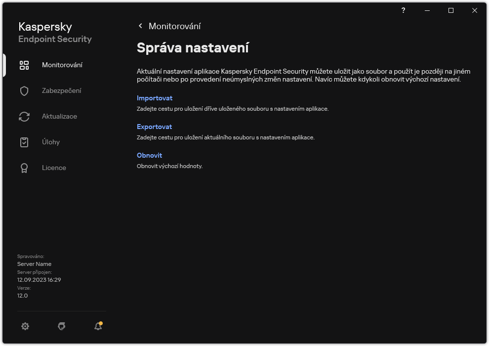 Okno nastavení výjimek. Uživatel může exportovat, importovat nebo obnovovat nastavení aplikace.