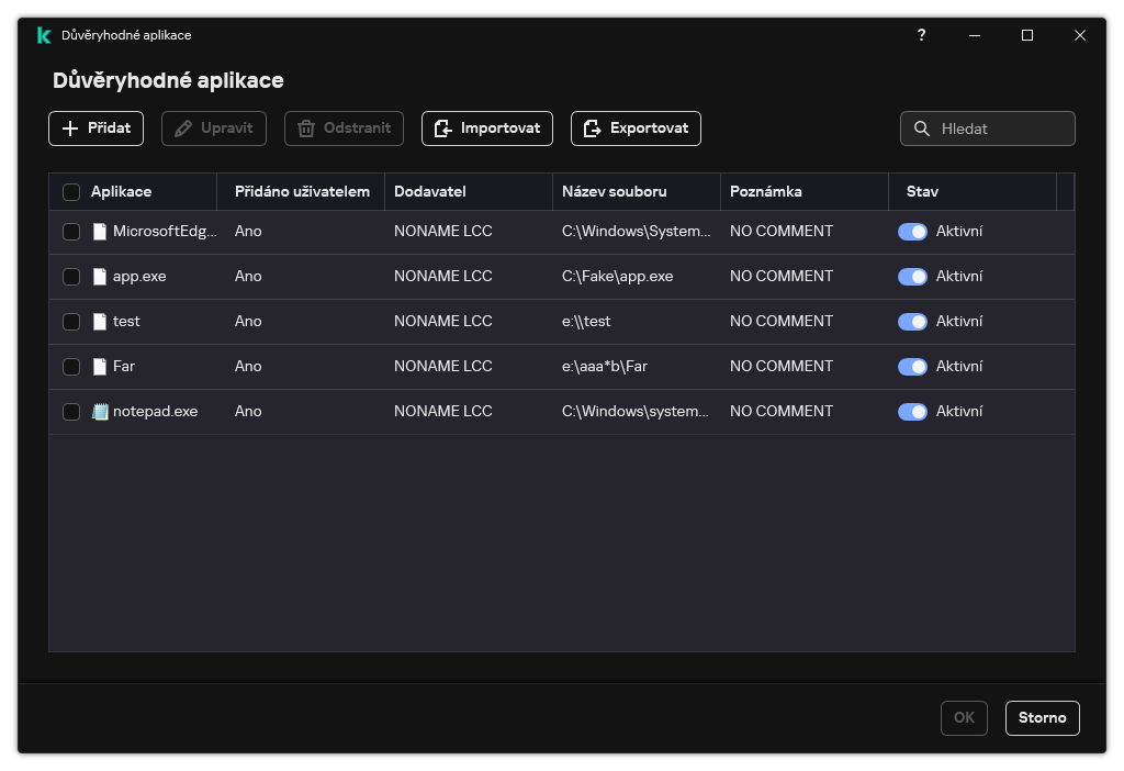 Okno se seznamem důvěryhodných aplikací. Uživatel může přidat, upravit nebo odebrat důvěryhodnou aplikaci.