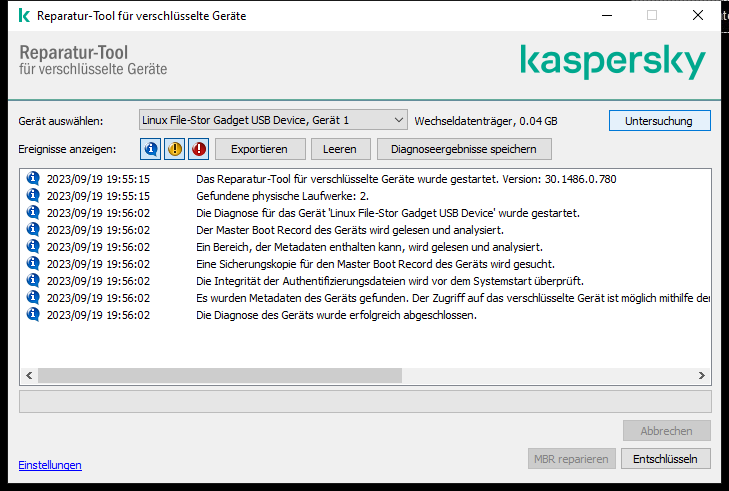 Ein Fenster mit einer Liste der Utility-Ereignisse. Der Benutzer kann eine Diagnose ausführen und das ausgewählte Gerät entschlüsseln.