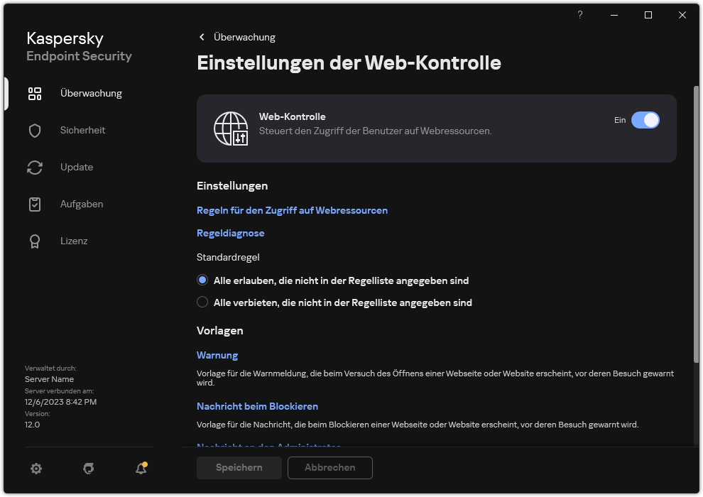 Fenster mit den Einstellungen der Web-Kontrolle.
