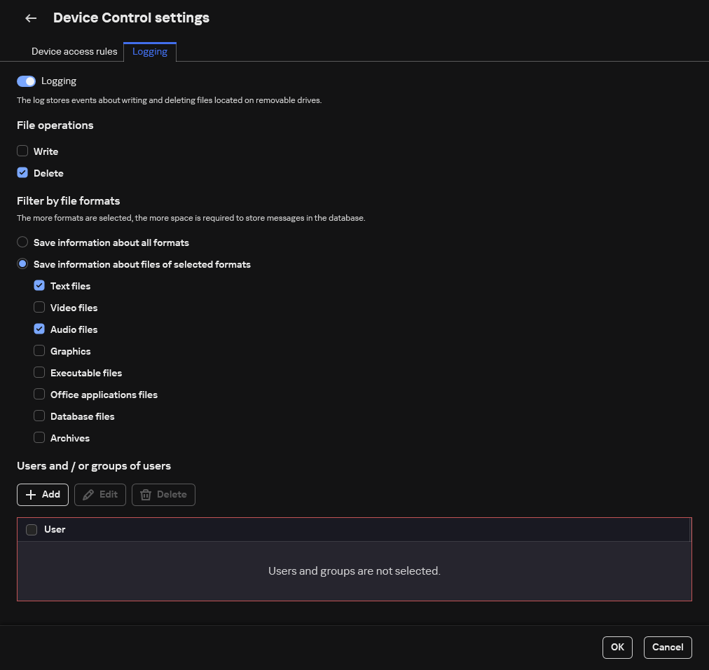 The window for configuring the logging of events about the use of removable drives. The user can select the events to be logged.