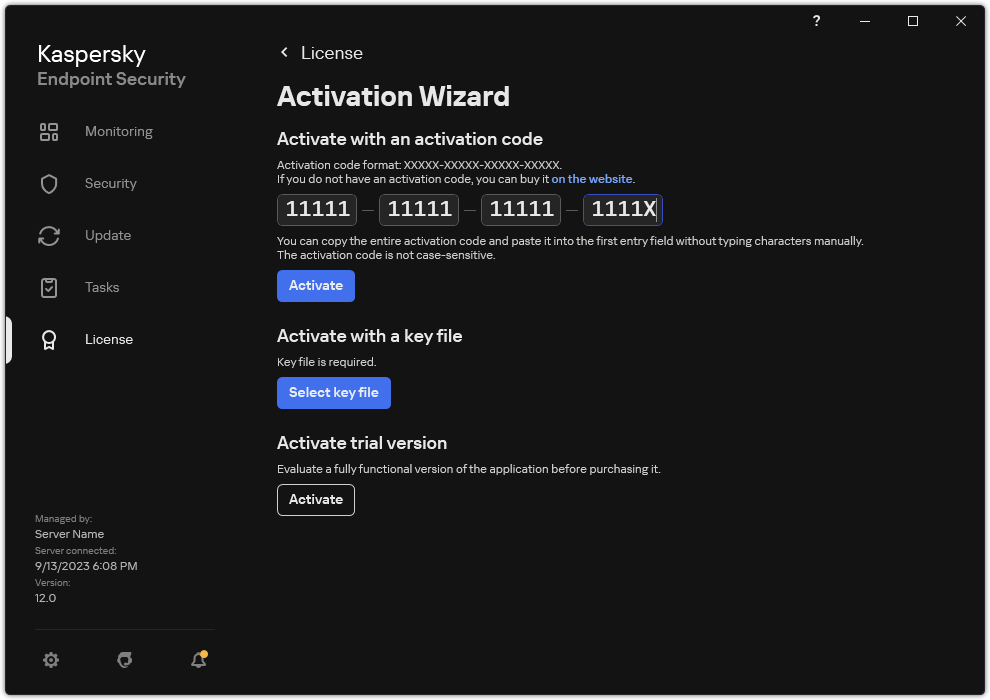 Window with the application activation tools. The user can enter an activation code or select a key file.