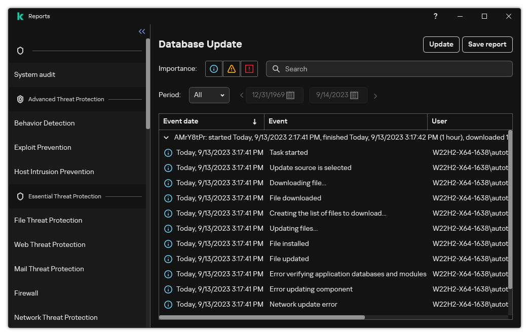 A window with the list of events in the report. The user can filter/sort events and save reports to a file.