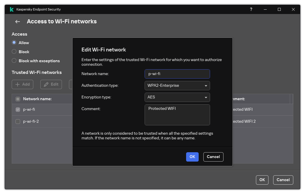 The window contains the settings of the trusted Wi-Fi network.