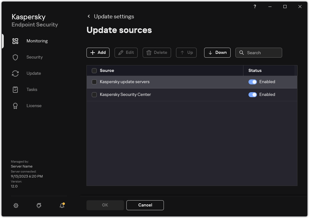 A window with the list of update sources. The user can add update sources and assign a priority to the source.