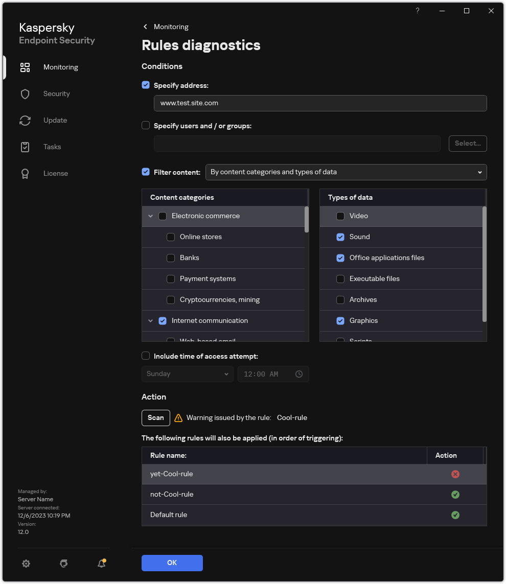 Web resource test results window.