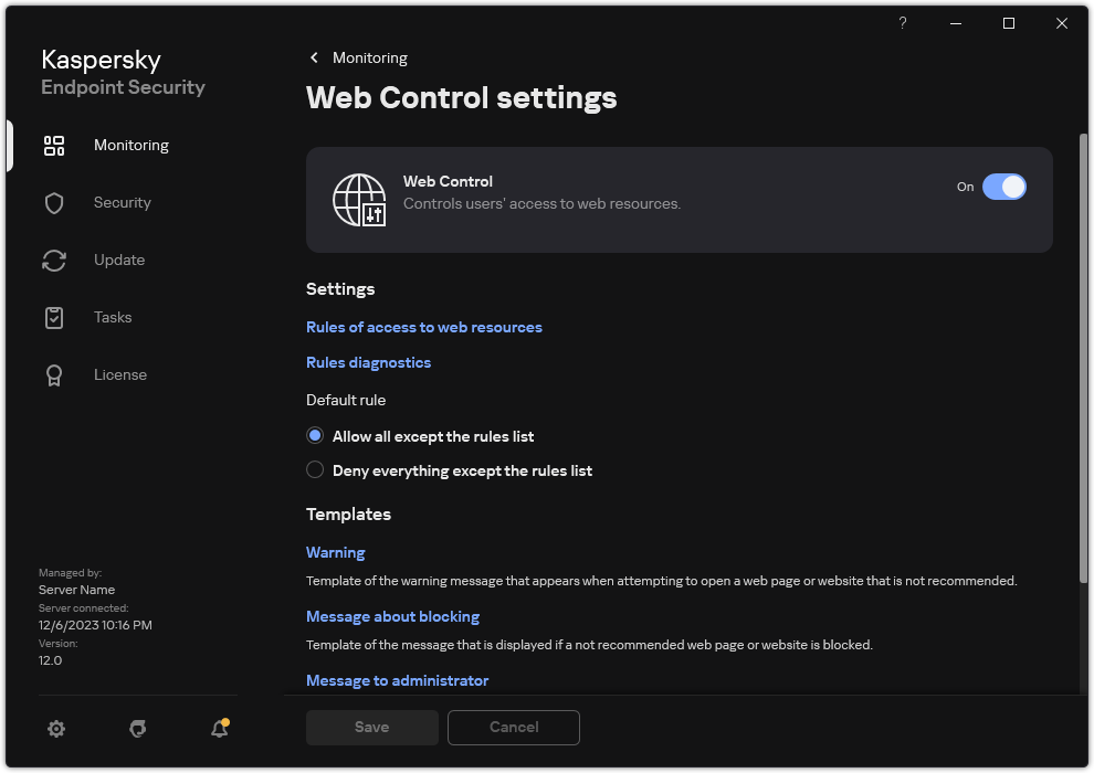 Web Control settings window.