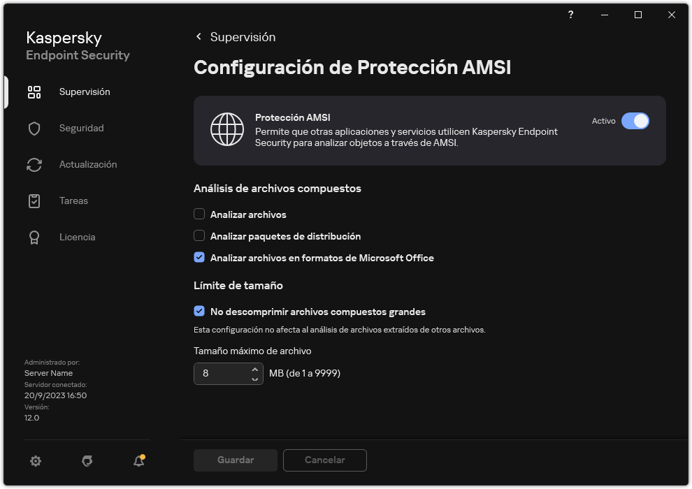 Ventana Configuración de Protección AMSI.