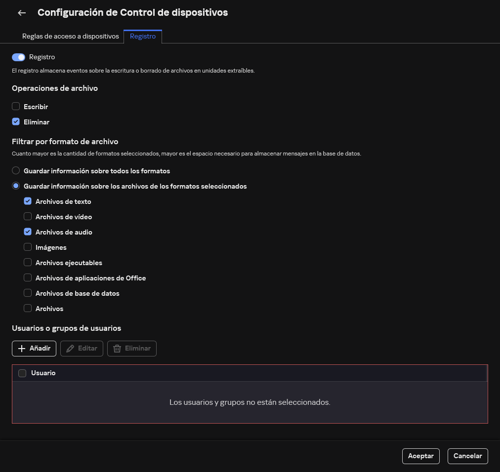 La ventana para configurar el registro de eventos sobre el uso de unidades extraíbles. El usuario puede seleccionar los eventos que se van a registrar.