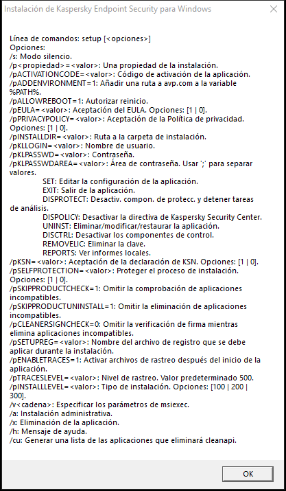 Ventana de información sobre la herramienta que describe las opciones de comando para instalar la aplicación a través de CMD.