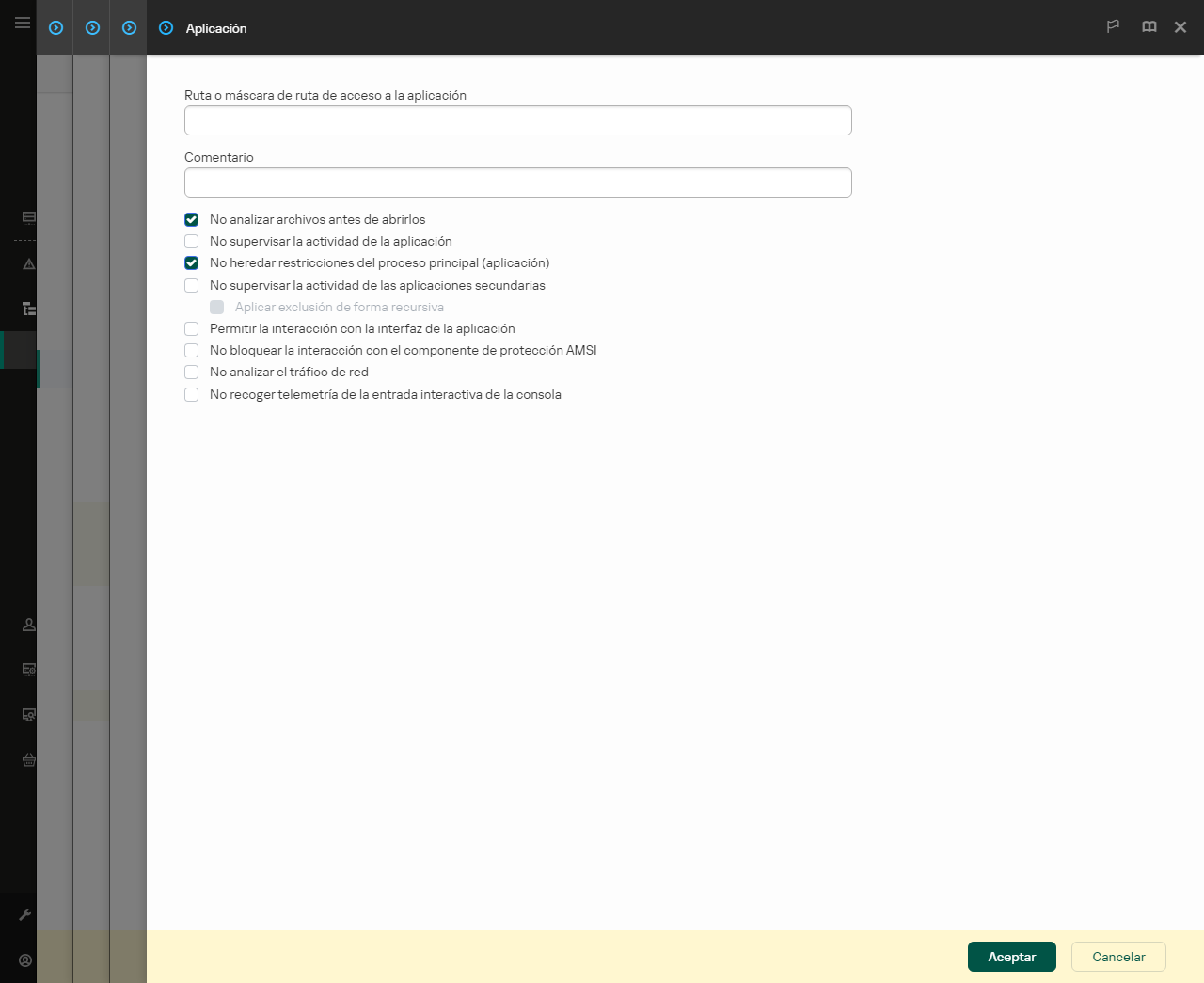 Una ventana con un campo para introducir la ruta a la aplicación de confianza. Se pueden usar máscaras.