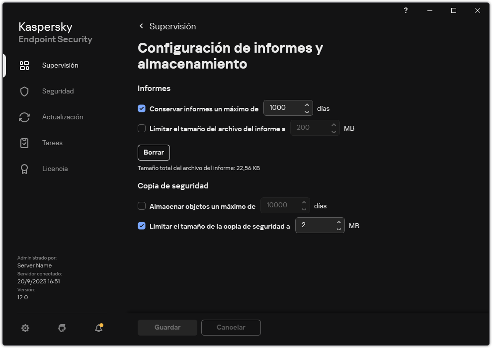 Ventana de configuración de informes y almacenamiento. El usuario puede establecer el tamaño y limitar el tiempo de almacenamiento de informes y objetos en el repositorio.
