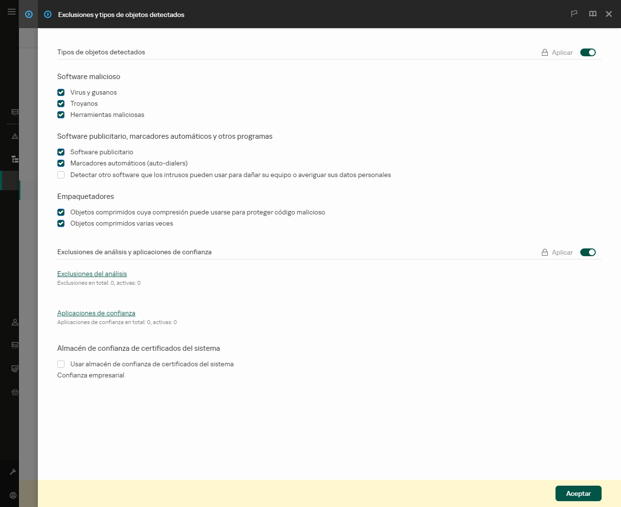 Ventana de configuración de exclusiones. El usuario puede añadir exclusiones y aplicaciones de confianza.