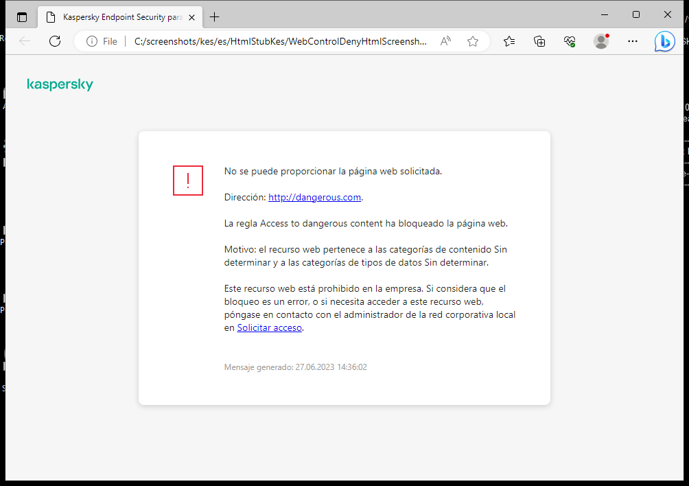 Notificación de Kaspersky sobre el bloqueo del acceso a la página web en la ventana del navegador. El usuario puede crear una solicitud para acceder al recurso web.