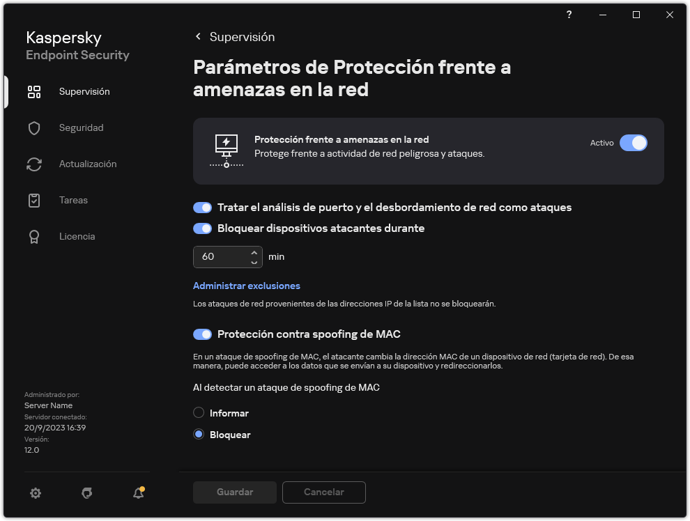 Ventana Parámetros de Protección frente a amenazas en la red