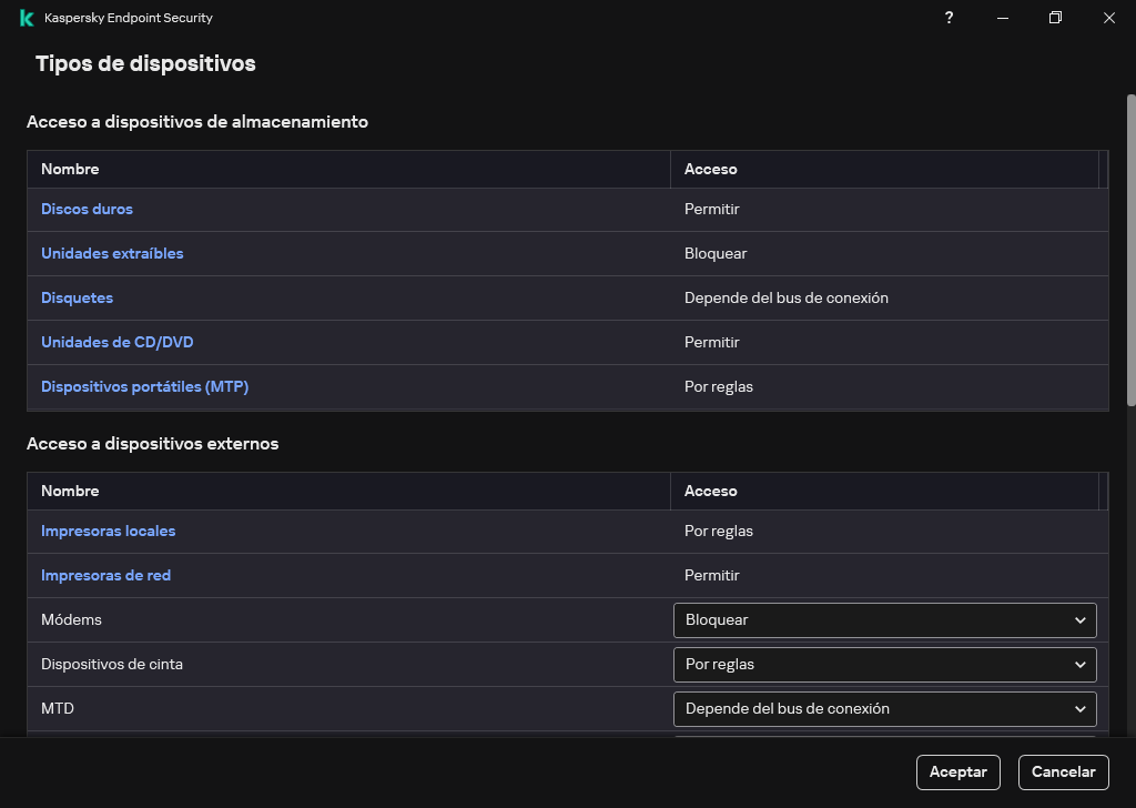 Ventana para configurar el acceso a los dispositivos. El usuario puede configurar el acceso a los dispositivos y establecer parámetros de acceso adicionales, como la programación de acceso.