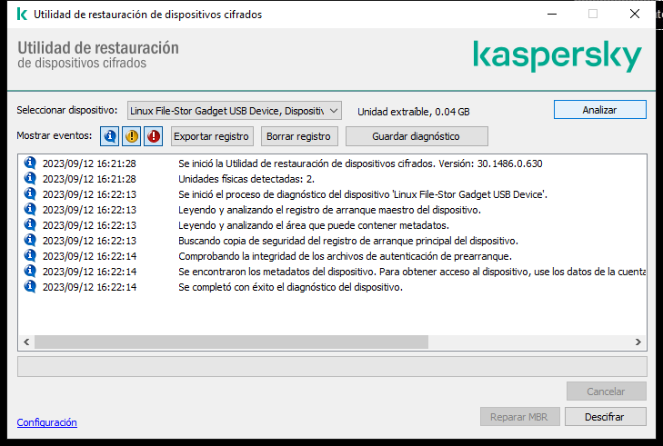 Una ventana con la lista de eventos de utilidad. El usuario puede ejecutar diagnósticos y descifrar el dispositivo seleccionado.