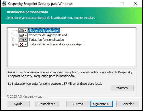 Ventana del instalador que contiene una lista de componentes que un usuario puede seleccionar.