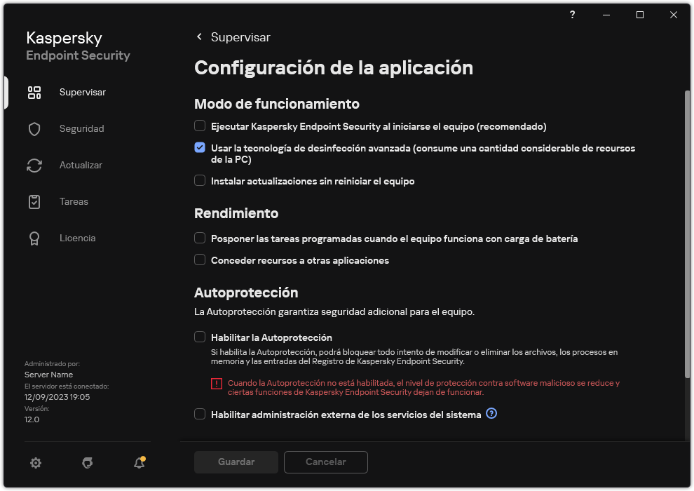 Ventana de Configuración de las aplicaciones. El usuario puede configurar el rendimiento, la autoprotección y otras opciones.