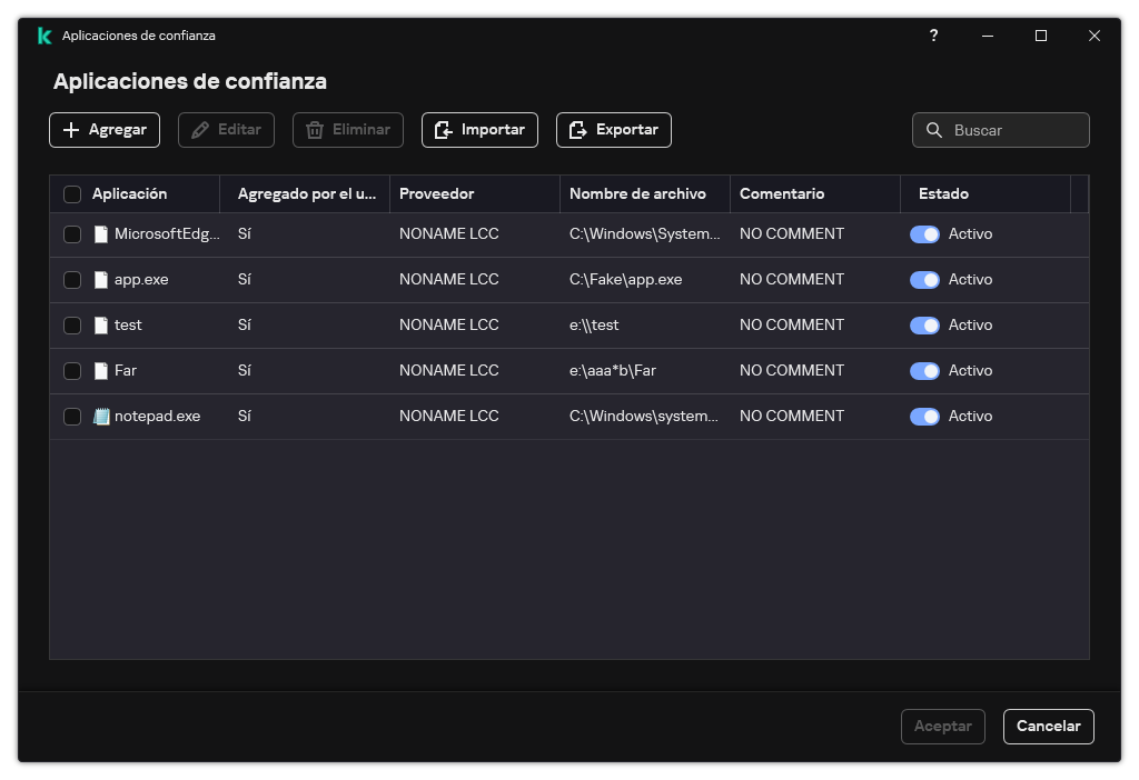 Una ventana con la lista de aplicaciones de confianza. El usuario puede agregar, editar o quitar una aplicación de confianza.