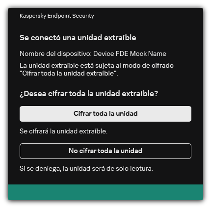 Notificación sobre una unidad conectada con el cifrado de archivos habilitado. El usuario puede cifrar archivos o rechazar.