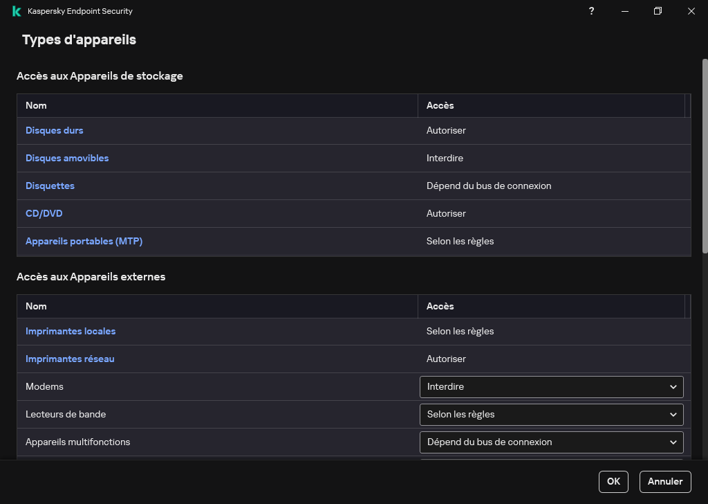 Fenêtre de configuration de l'accès aux appareils. L'utilisateur peut configurer l'accès aux appareils et définir des paramètres d'accès supplémentaires, tels que le calendrier d'accès.