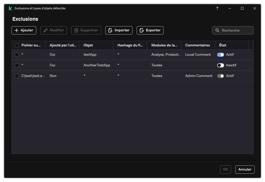 Une fenêtre avec la liste des exclusions. Les propriétés d'exclusion sont affichées. L'utilisateur peut ajouter, modifier ou supprimer des exclusions.