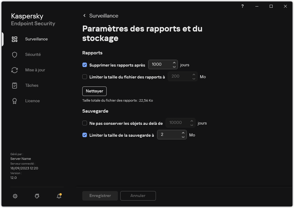 Fenêtre des paramètres des rapports et du stockage. L'utilisateur peut définir la taille, et limiter la durée de stockage des rapports et des objets dans le stockage.