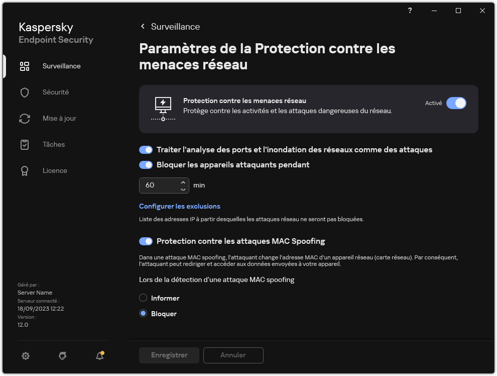 Fenêtre des paramètres de la Protection contre les menaces réseau