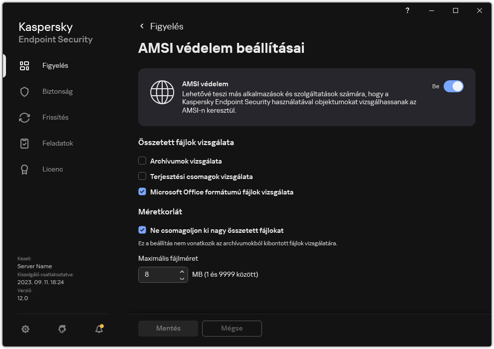 AMSI védelem beállításai ablak.