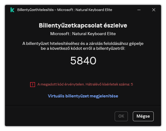 Az ablak a billentyűzet hitelesítési kódjával. A felhasználó aktiválhatja a képernyőn megjelenő billentyűzetet, és beírhatja a kódot.