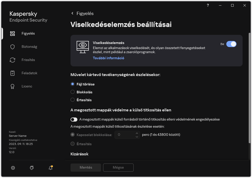 Viselkedésészlelés beállításainak ablaka.