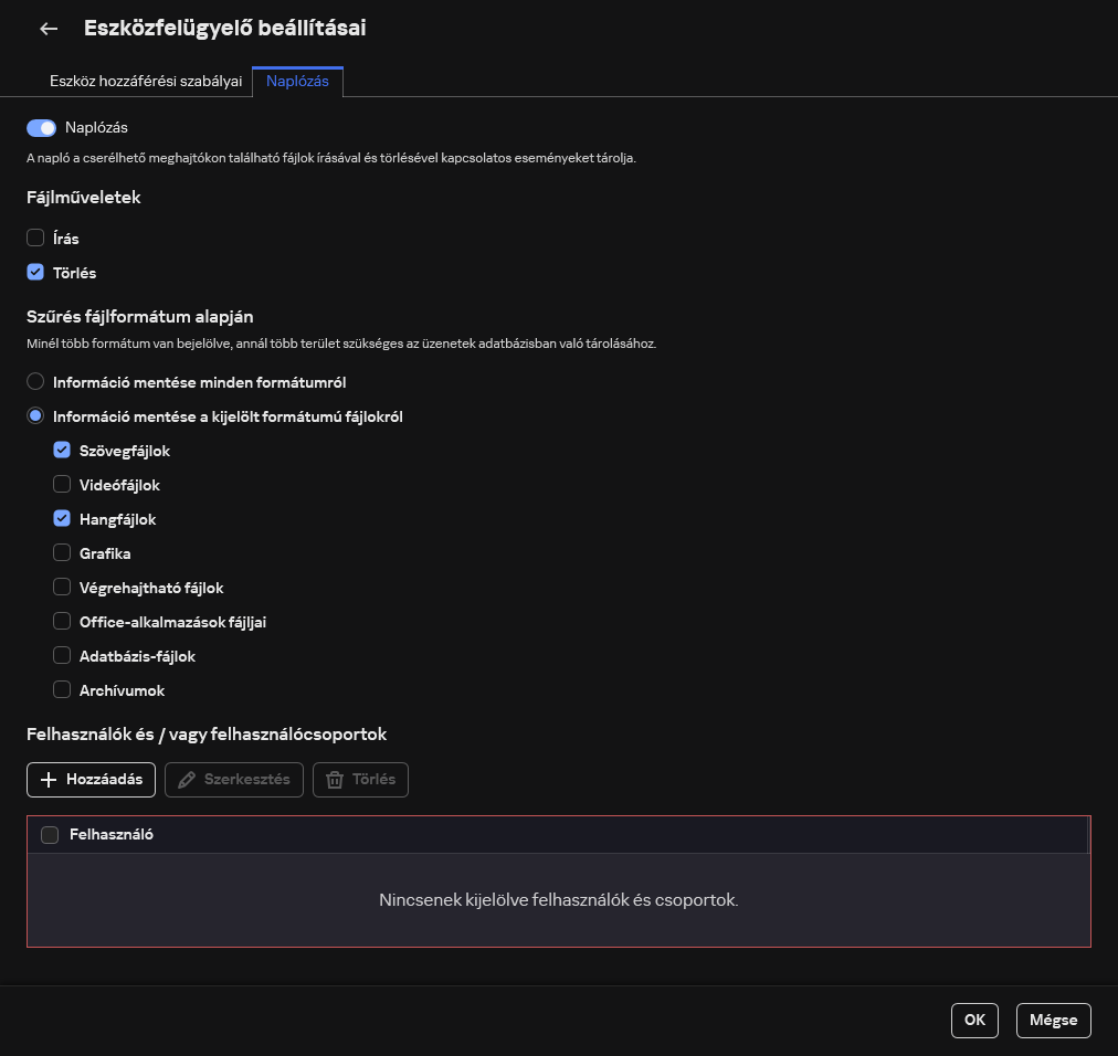 A cserélhető meghajtók használatával kapcsolatos események naplózásának konfigurálására szolgáló ablak. A felhasználó kiválaszthatja a naplózandó eseményeket.