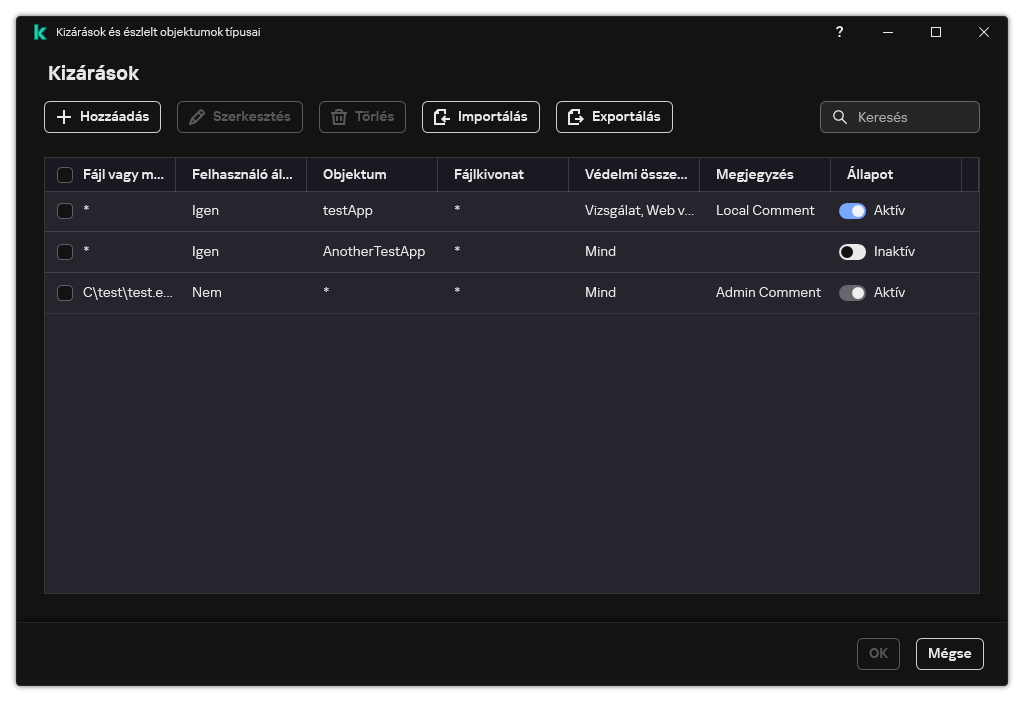 Egy ablak a kizárások listájával. Megjelennek a kizárási tulajdonságok. A felhasználó hozzáadhat, szerkeszthet vagy törölhet kizárásokat.