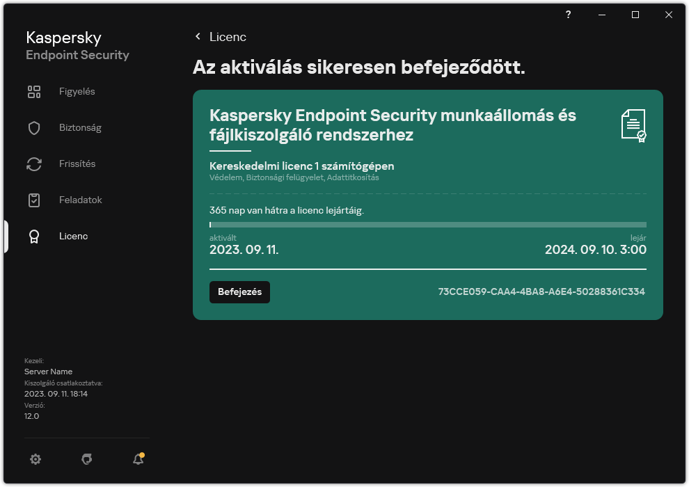 Az ablak a licencre vonatkozó információkat tartalmazza: lejárat dátuma, elérhető funkciók és egyéb információk.