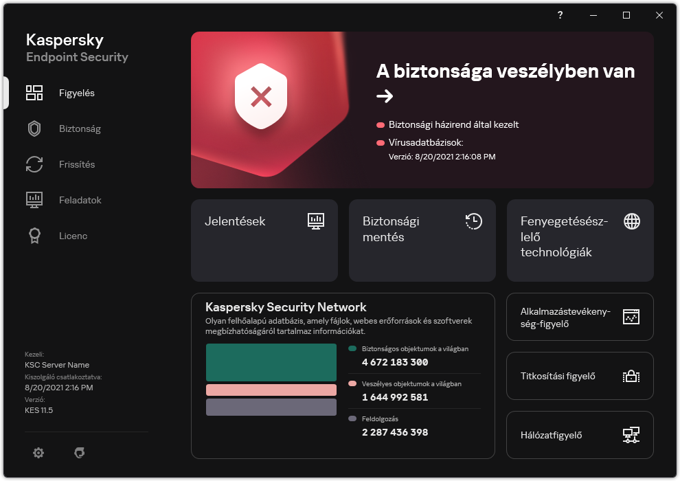 Az alkalmazás főablaka feldolgozatlan fenyegetések esetén. Megjelenik &bdquo;A biztonsága veszélyben van" üzenet.