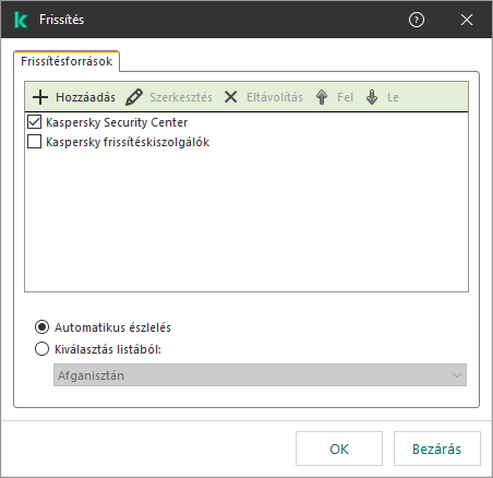 A frissítéőforrások listáját tartalmazó ablak. A felhasználó frissítési forrásokat adhat hozzá, és prioritást rendelhet a forráshoz.