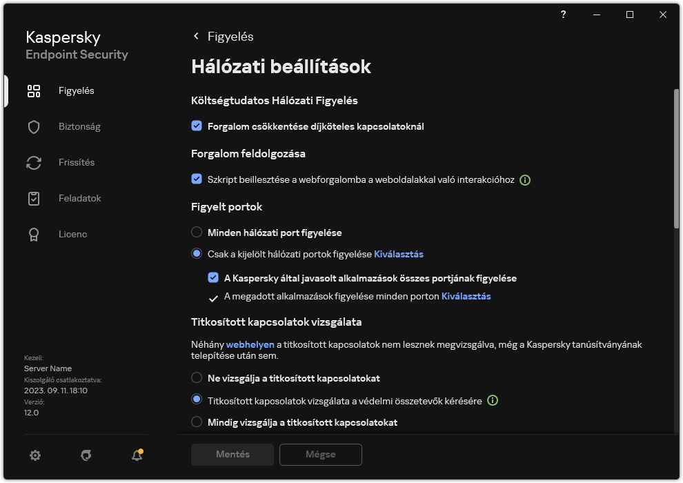 Alkalmazások hálózati beállításainak ablaka.