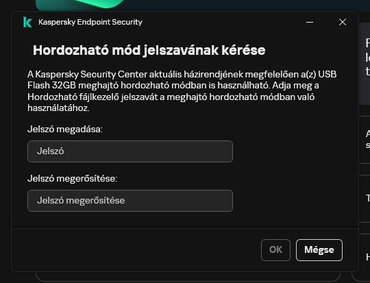 Az ablak mezőket tartalmaz a jelszó megadásához és megerősítéséhez.