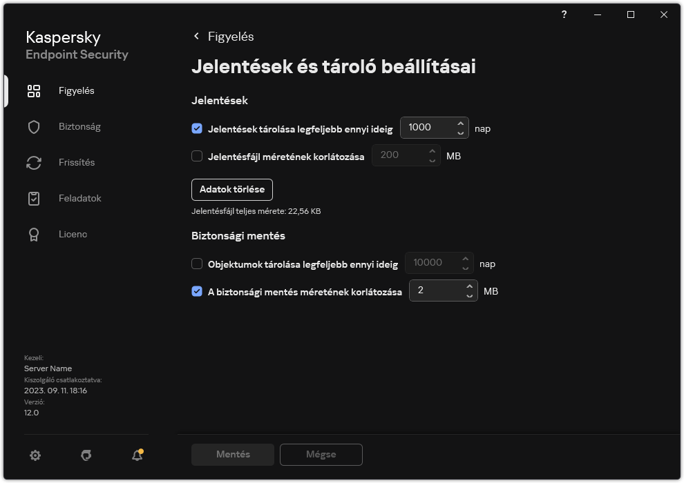 Jelentések és tároló beállításai ablak. A felhasználó beállíthatja a tárolóban lévő jelentések és objektumok méretét, és korlátozhatja a tárolási időt.