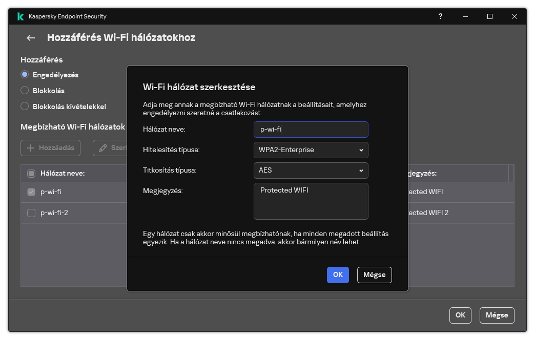 Az ablak a megbízható Wi-Fi hálózat beállításait tartalmazza.