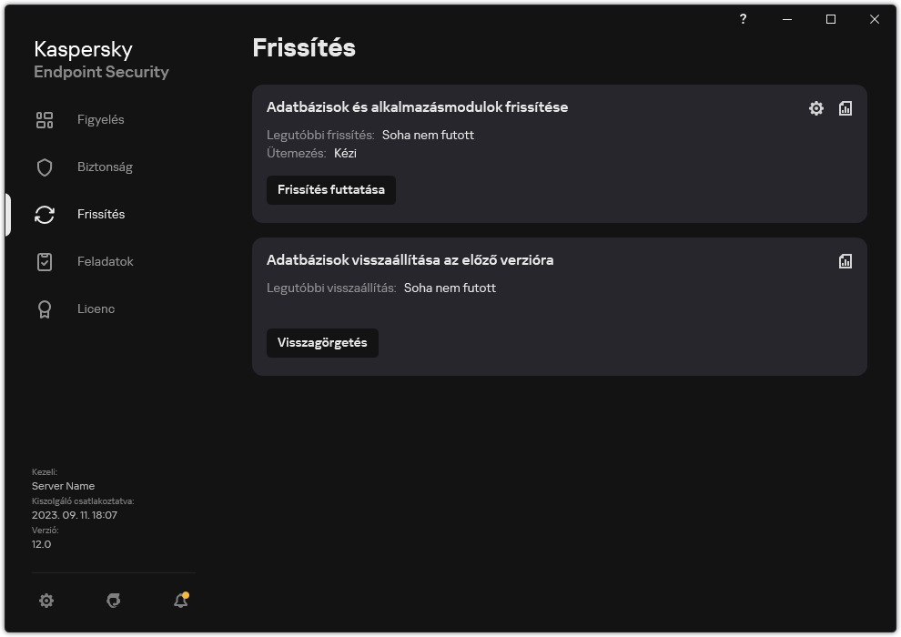 Egy ablak a helyi frissítési feladatok listájával. A felhasználó elindíthatja az adatbázisok és alkalmazásmodulok frissítését, valamint visszaállíthatja az utolsó frissítést.
