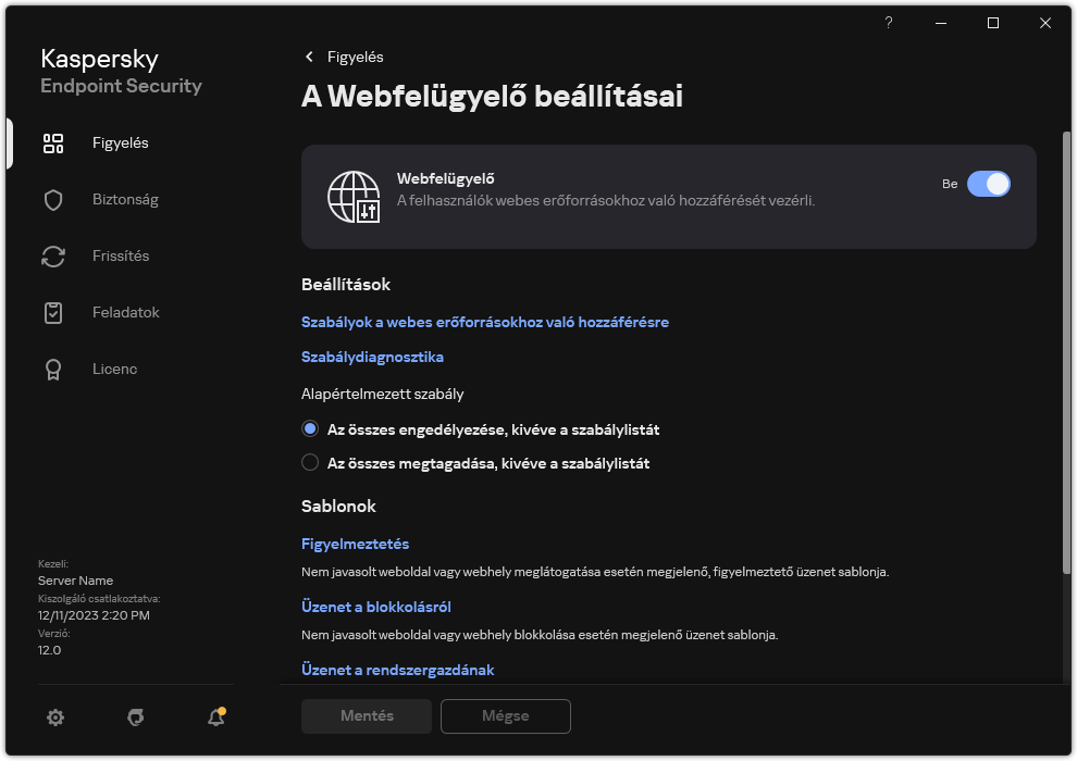 Webfelügyelői beállítások ablaka.