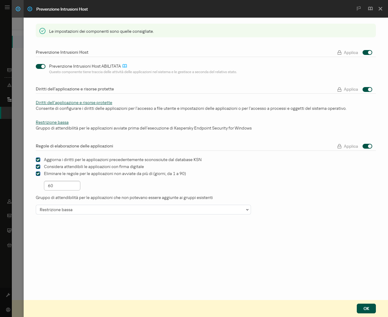 Finestra Impostazioni di Prevenzione intrusioni.
