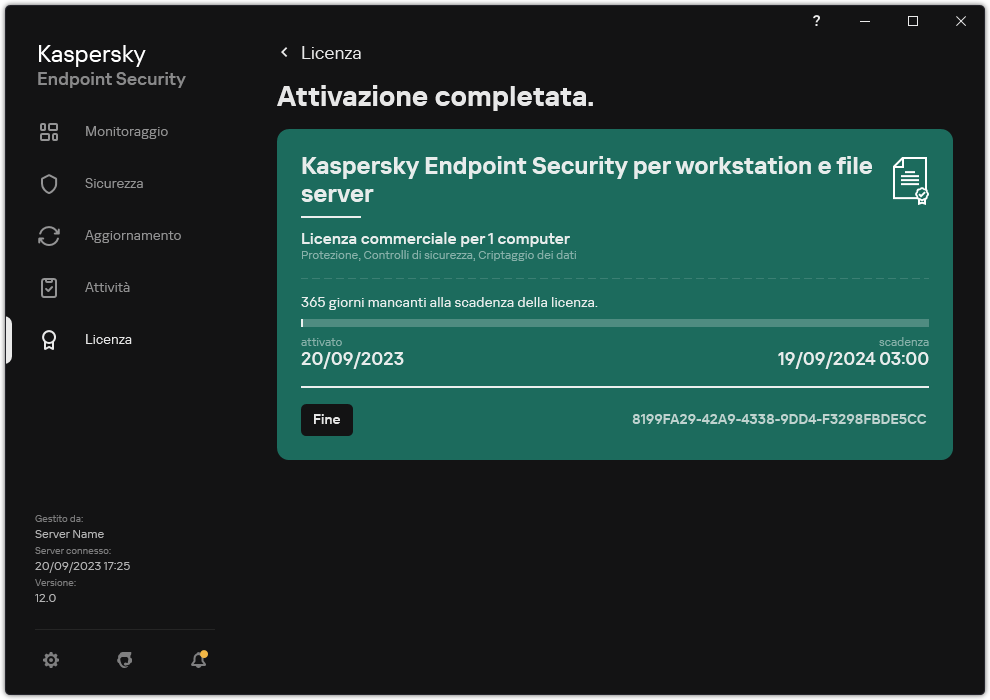 La finestra contiene informazioni sulla licenza: data di scadenza, funzioni disponibili e altre informazioni.