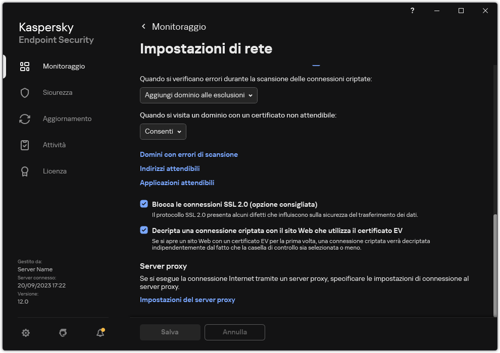 Finestra delle impostazioni di rete dell'applicazione.