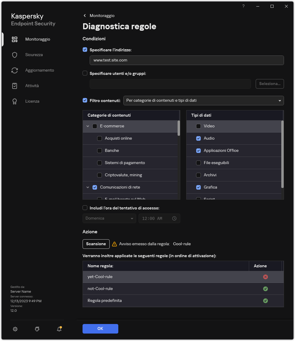 Finestra dei risultati del test delle risorse Web.